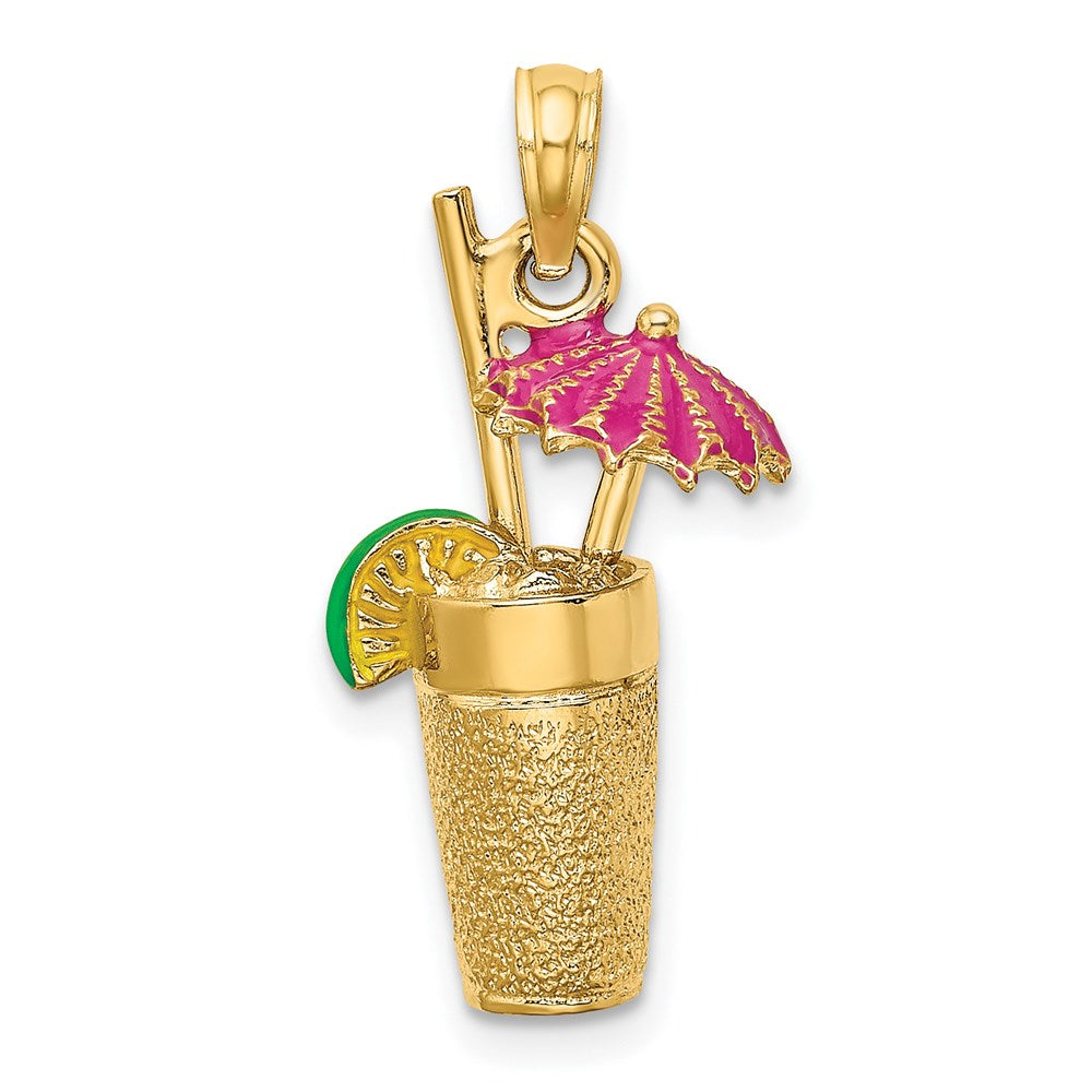 Image of ID 1 14k Yellow Gold 3-D Cocktail Drink w/Fuschia Enamel Umbrella and Lime Charm