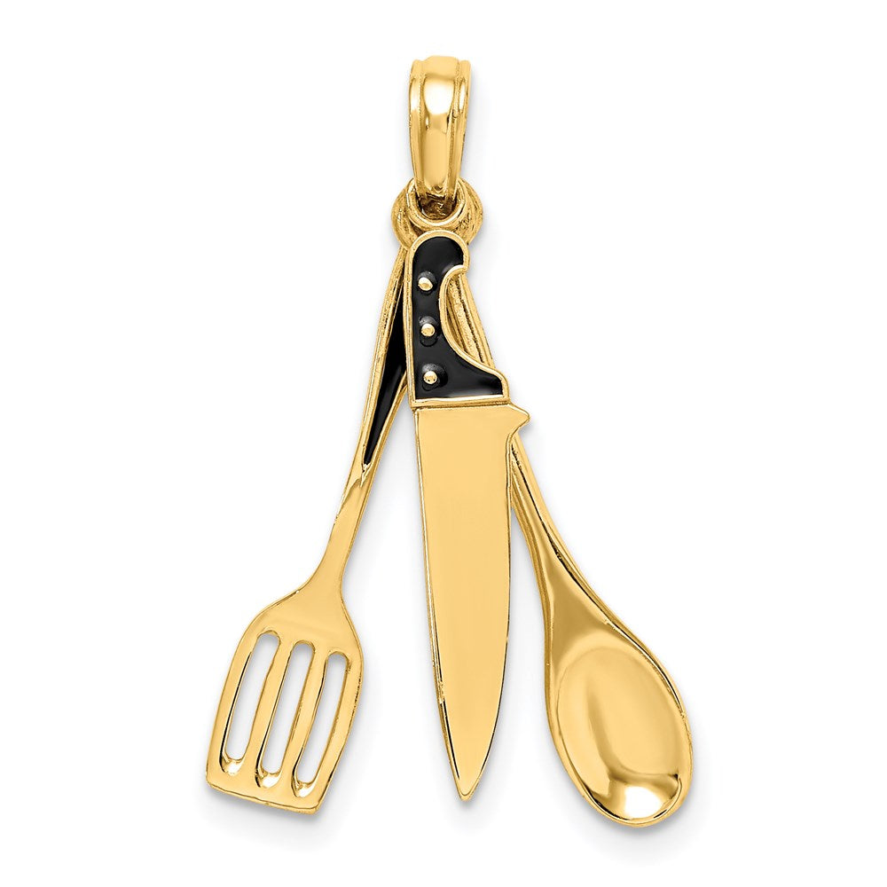 Image of ID 1 14k Yellow Gold 3-D Enamel Butcher Knife Spoon and Spatula Moveable Charm