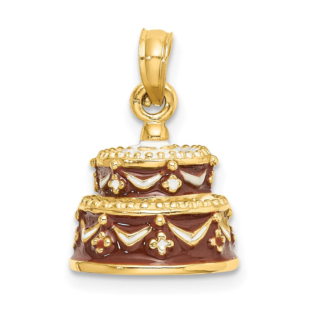 Image of ID 1 14k Yellow Gold 3-D Enameled HAPPY BIRTHDAY Cake w/Brown Frosting Charm