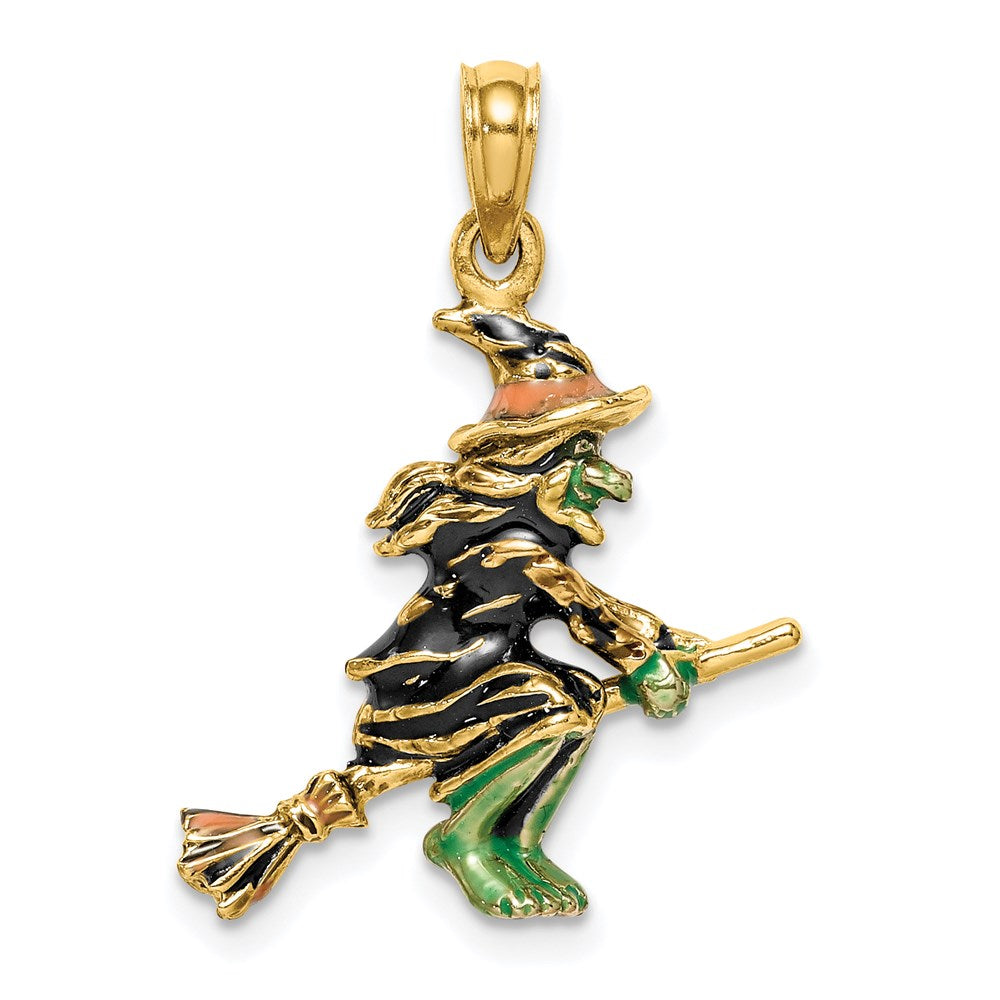 Image of ID 1 14k Yellow Gold 3-D Enameled Witch Flying on Broom Charm
