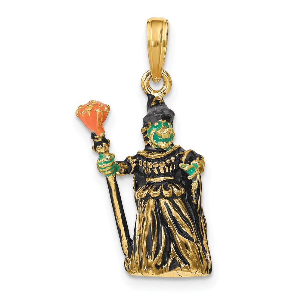 Image of ID 1 14k Yellow Gold 3-D Enameled Witch w/Broom Charm