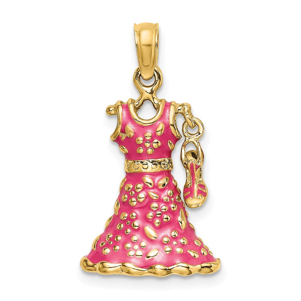 Image of ID 1 14k Yellow Gold 3-D Moveable Enamel Pink Floral Dress w/ Shoe Charm