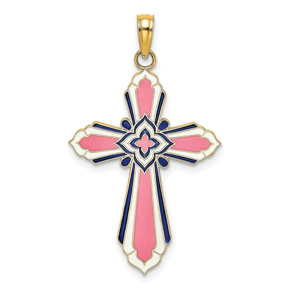 Image of ID 1 14k Yellow Gold 3-D W/ Pink and White Enamel Cross Charm