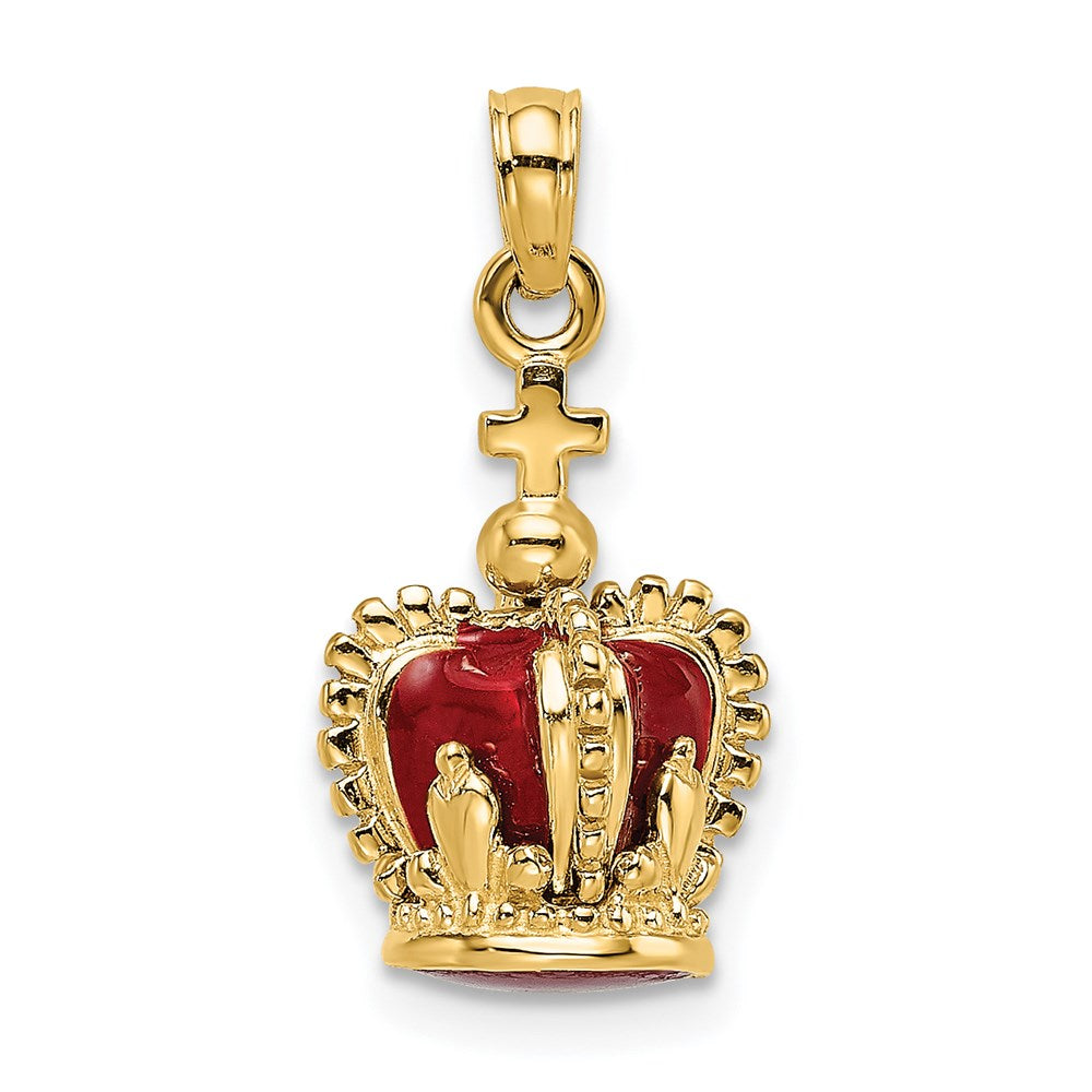 Image of ID 1 14k Yellow Gold 3-D w/ Red Enamel Inside Crown w/ Cross On top Charm