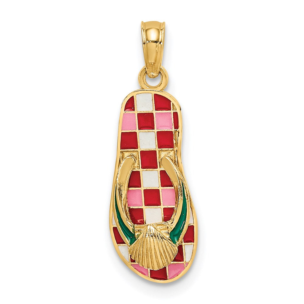 Image of ID 1 14k Yellow Gold 3D Enamel Shell On Red Checkered Flip-Flop Charm