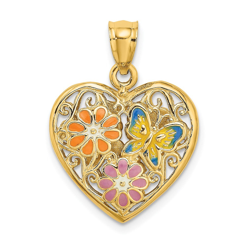 Image of ID 1 14k Yellow Gold 3D Reversible Enamel Butterfly and Flowers Heart Pendant
