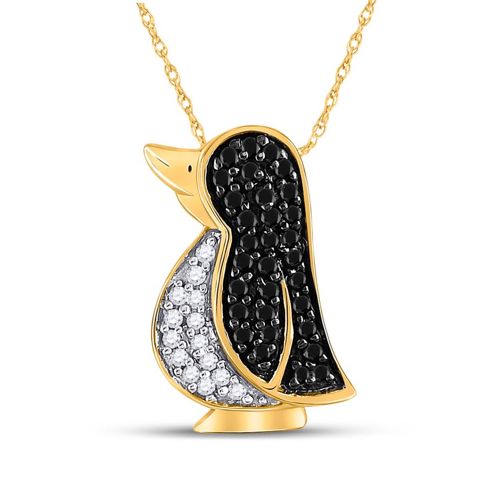 Image of ID 1 14k Yellow Gold Black Diamond Penguin Animal Pendant 1/4 Cttw