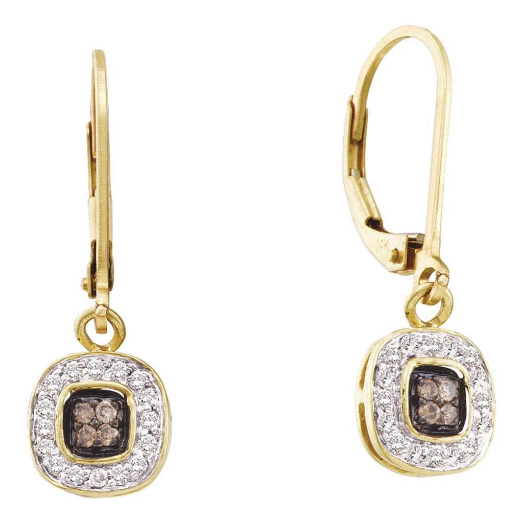 Image of ID 1 14k Yellow Gold Brown Diamond Square Cluster Dangle Earrings 1/4 Cttw