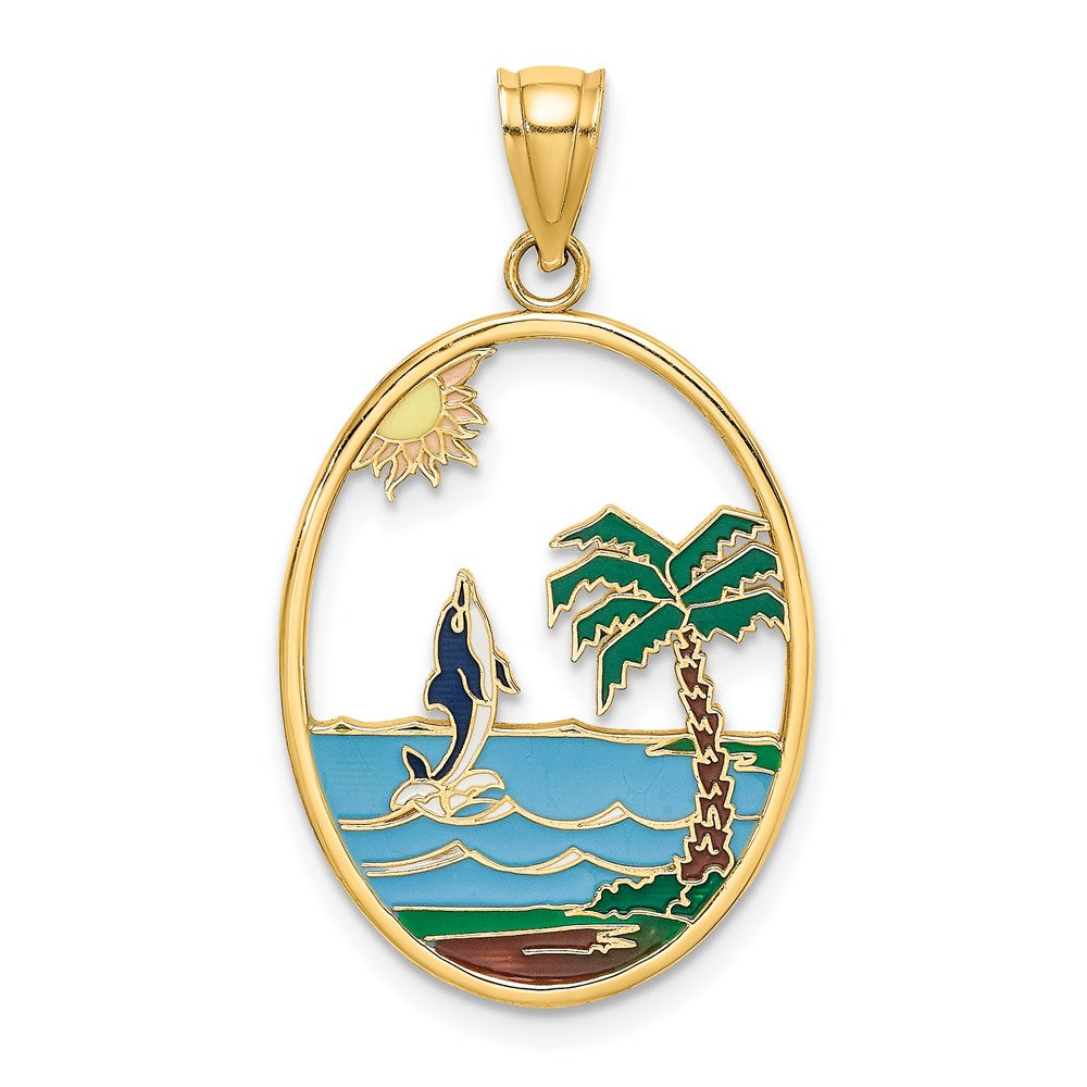 Image of ID 1 14k Yellow Gold Enamel Dolphin Jumping In Beach Scene Charm