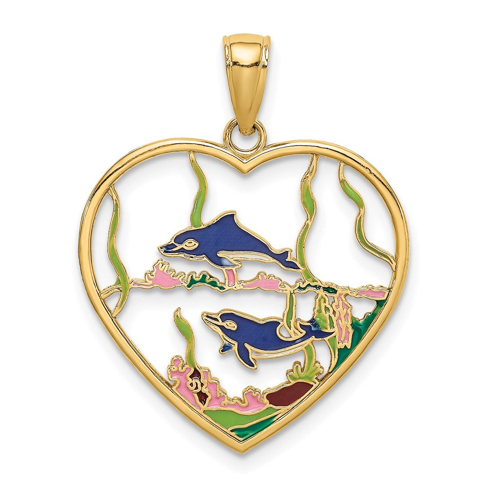 Image of ID 1 14k Yellow Gold Enamel Dolphins In Heart Charm