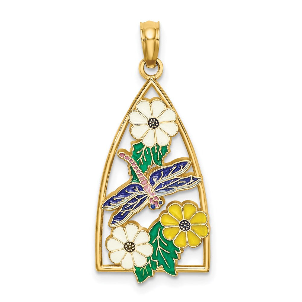 Image of ID 1 14k Yellow Gold Enamel Dragonfly and Flowers Triangle Charm