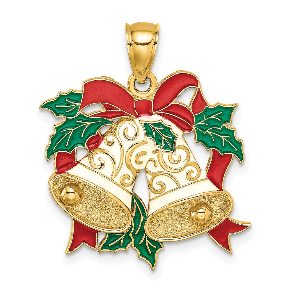 Image of ID 1 14k Yellow Gold Enamel Holiday Bells and Holly Charm