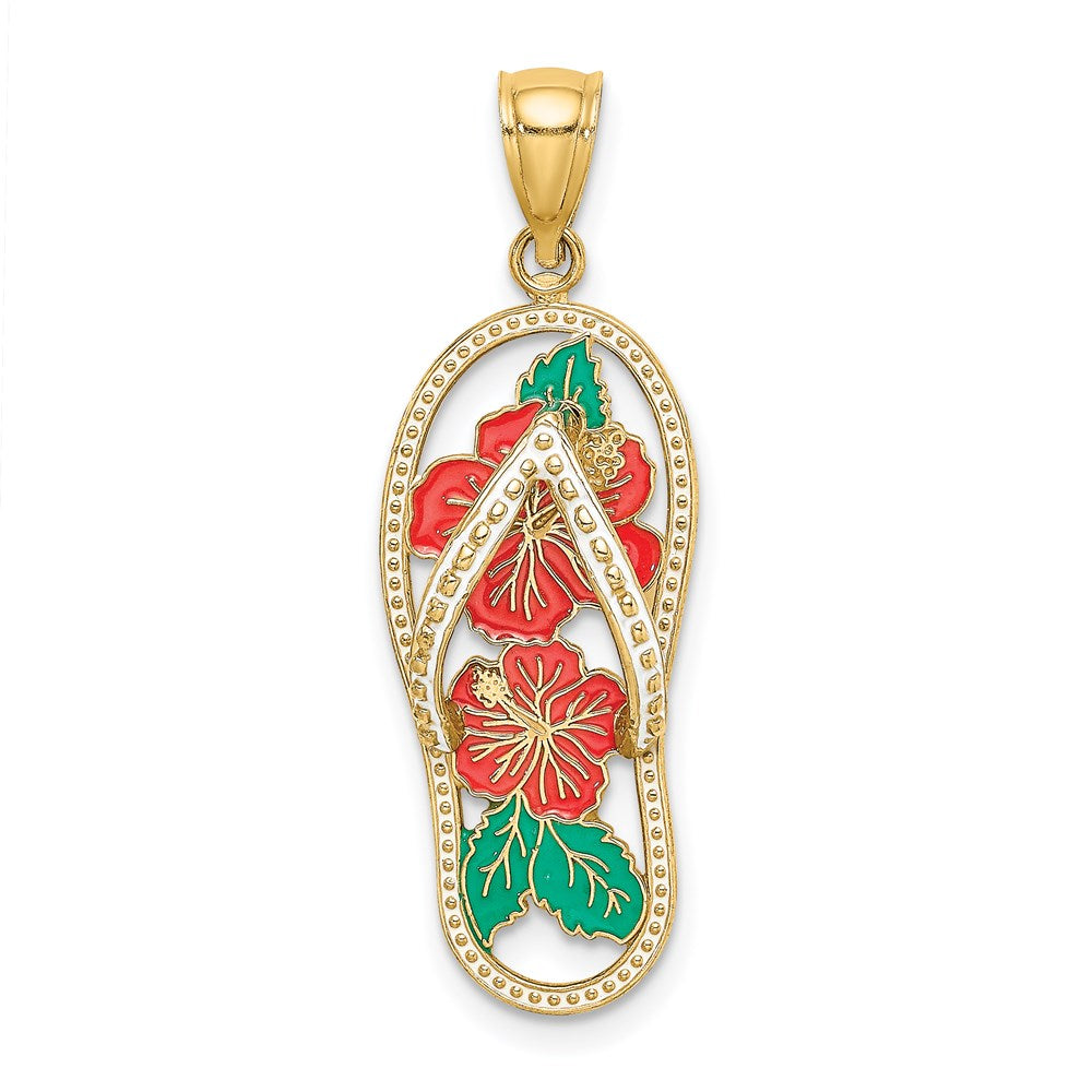 Image of ID 1 14k Yellow Gold Enamel Red Hibiscus Flower Flip-Flop Charm