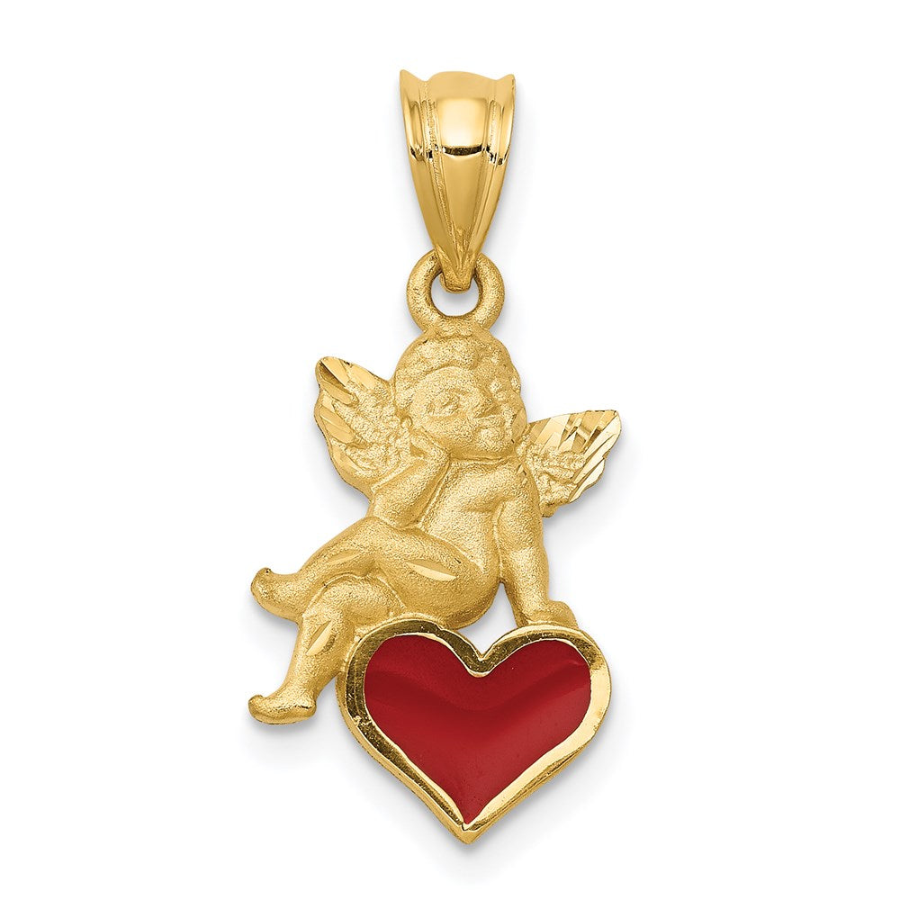 Image of ID 1 14k Yellow Gold Enameled Angel on Heart Pendant