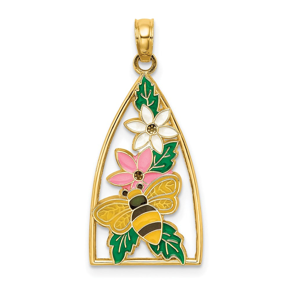 Image of ID 1 14k Yellow Gold Enameled Bumblebee and Flowers Triangle Charm