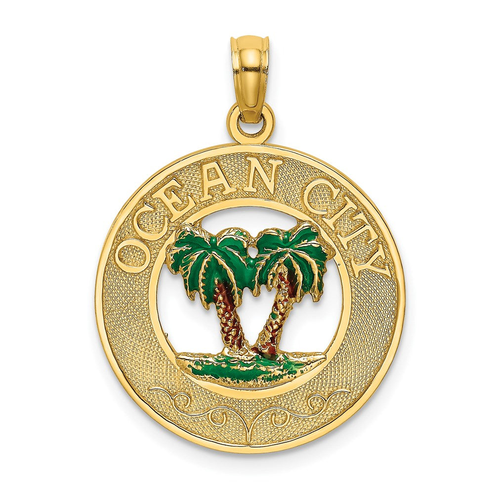 Image of ID 1 14k Yellow Gold Enameled Palm Trees OCEAN CITY Circle Charm