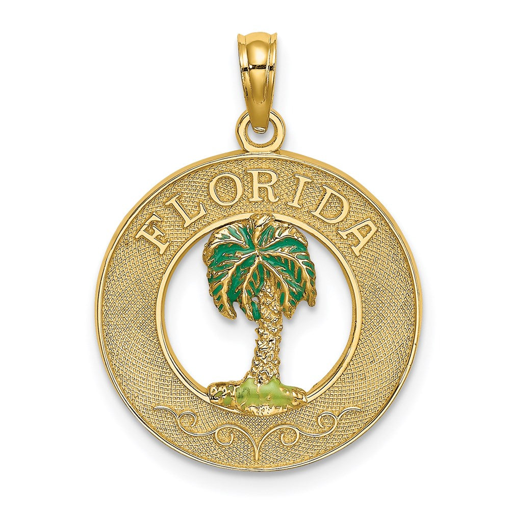 Image of ID 1 14k Yellow Gold FLORIDA Enamel Palm Tree Circle Charm