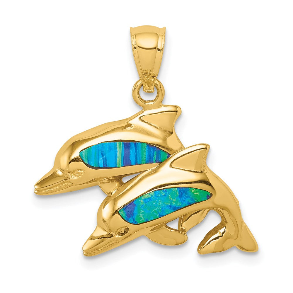 Image of ID 1 14k Yellow Gold Lab Created Opal Double Dolphin Pendant