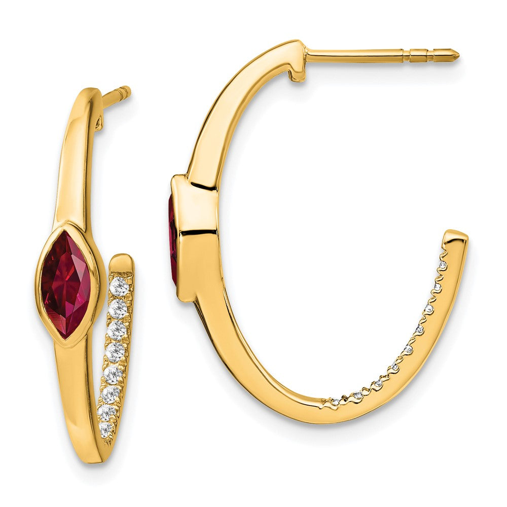 Image of ID 1 14k Yellow Gold Marquise Created Ruby and Real Diamond J-hoop Earrings