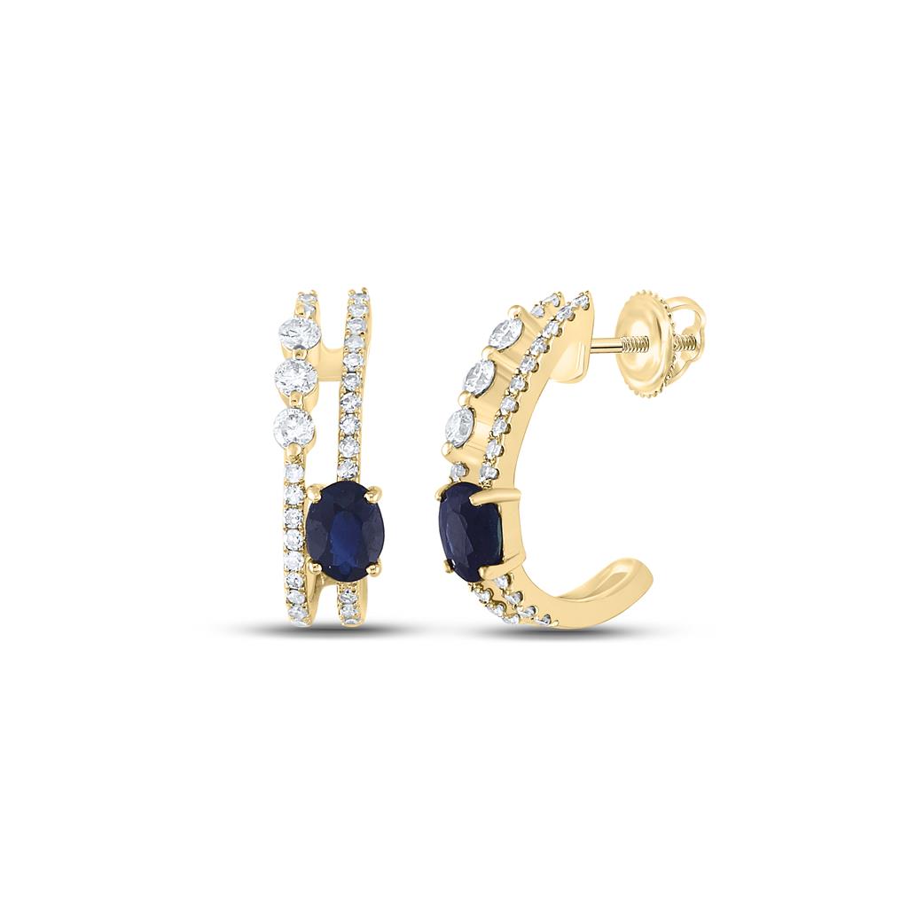 Image of ID 1 14k Yellow Gold Oval Blue Sapphire Diamond J Hoop Earrings 3/4 Cttw