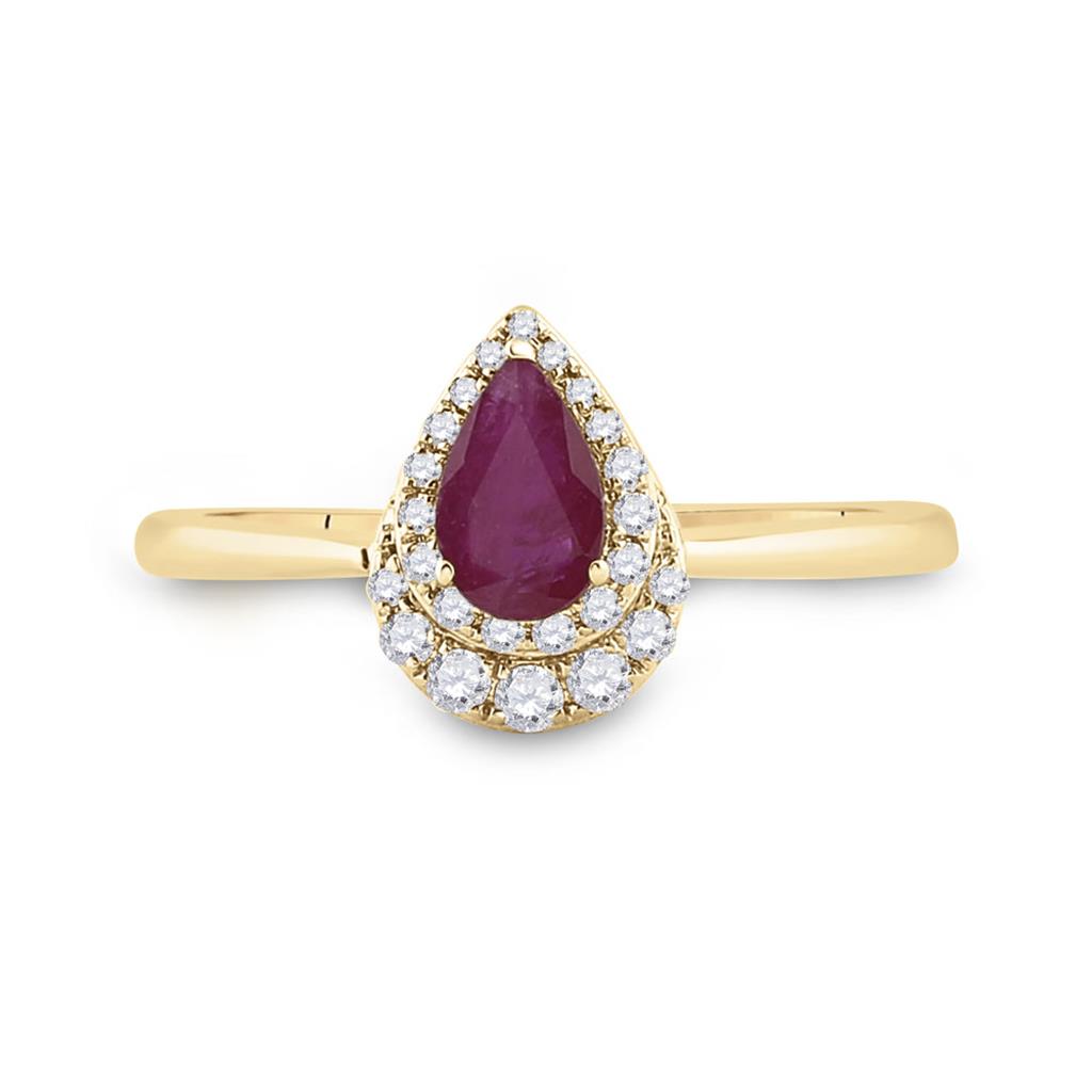 Image of ID 1 14k Yellow Gold Pear Ruby Diamond Halo Solitaire Ring 3/4 Cttw