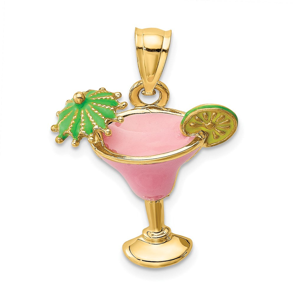 Image of ID 1 14k Yellow Gold Pink Enameled Margarita Drink w/ Umbrella and Lime Charm