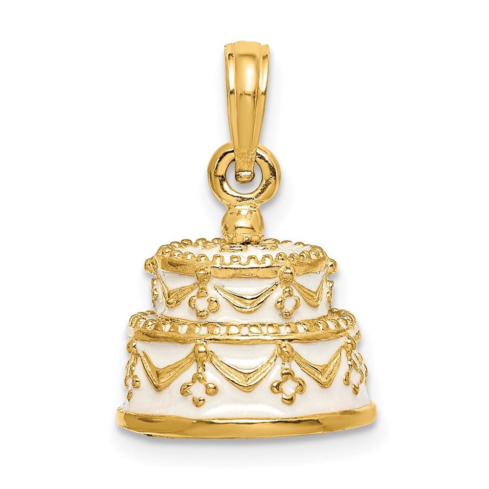 Image of ID 1 14k Yellow Gold Polished Enameled JUST MARRIED 3-D Wedding Cake Pendant