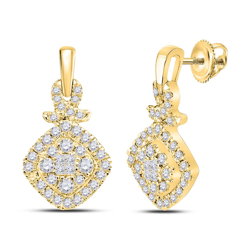 Image of ID 1 14k Yellow Gold Princess Diamond Cluster Dangle Earrings 1/2 Cttw