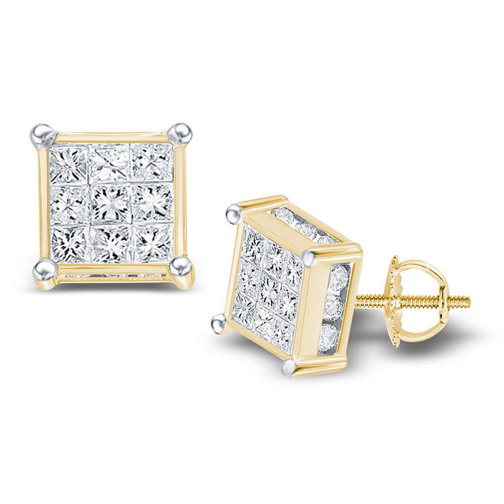 Image of ID 1 14k Yellow Gold Princess Diamond Cluster Stud Earrings 1/4 Cttw