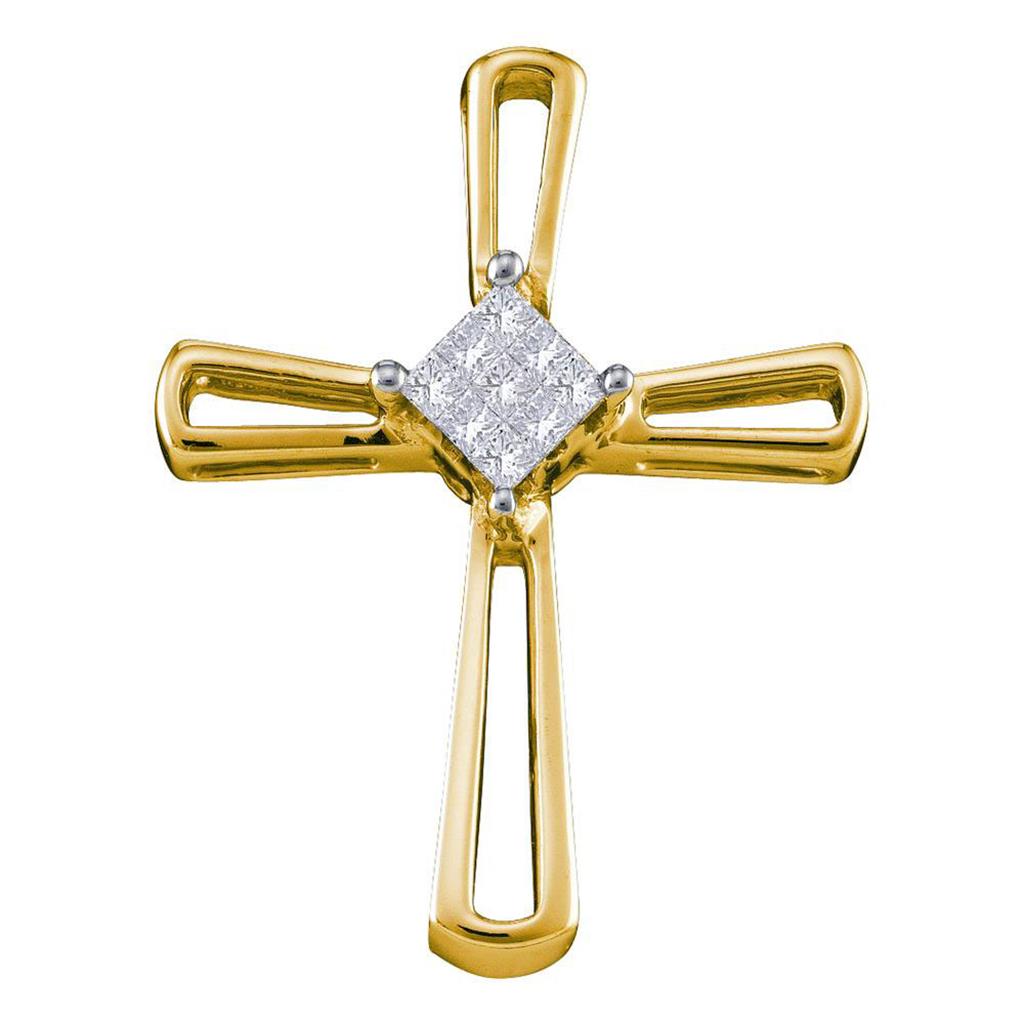 Image of ID 1 14k Yellow Gold Princess Diamond Cross Pendant 1/10 Cttw