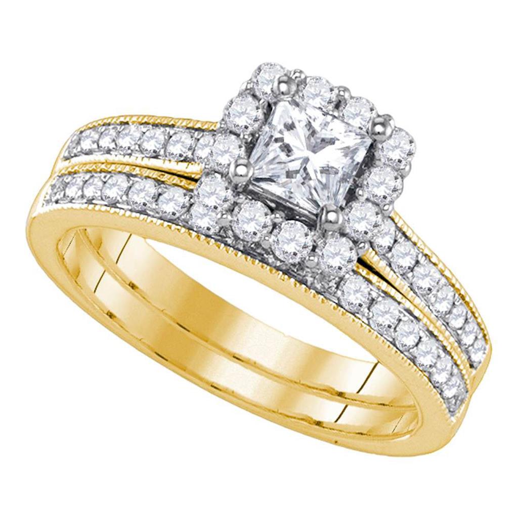 Image of ID 1 14k Yellow Gold Princess Diamond Halo Bridal Wedding Ring Set 1-1/4 Cttw (Certified)