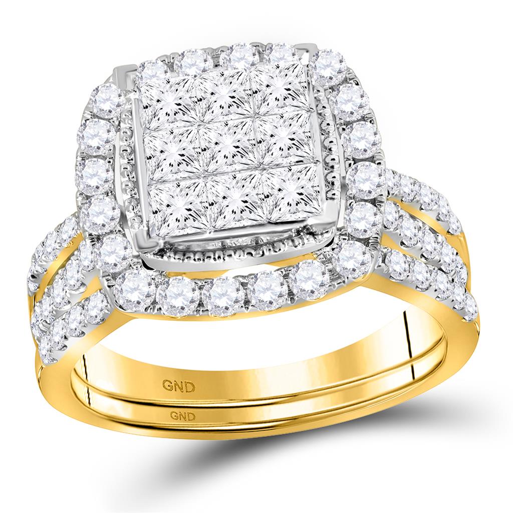 Image of ID 1 14k Yellow Gold Princess Diamond Halo Bridal Wedding Ring Set 1-3/4 Cttw