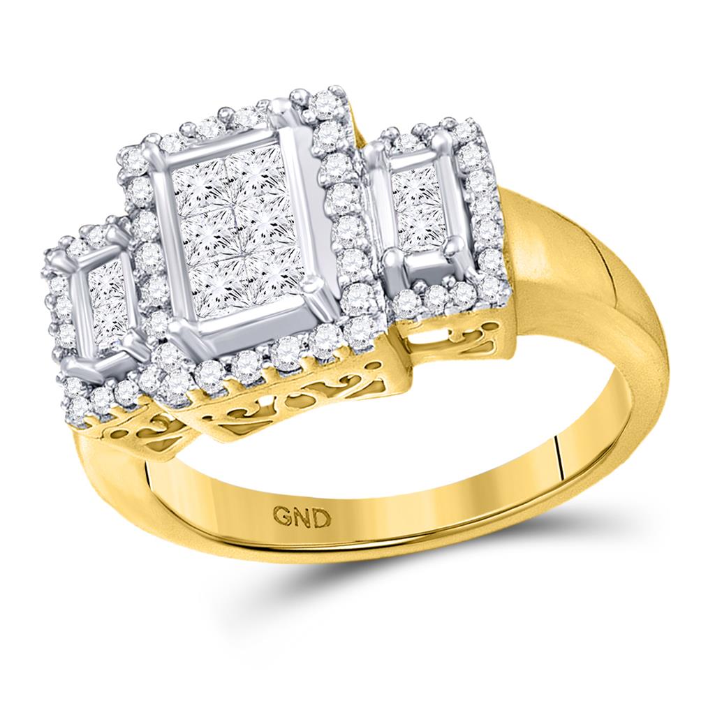 Image of ID 1 14k Yellow Gold Princess Diamond Triple Cluster Ring 3/4 Cttw