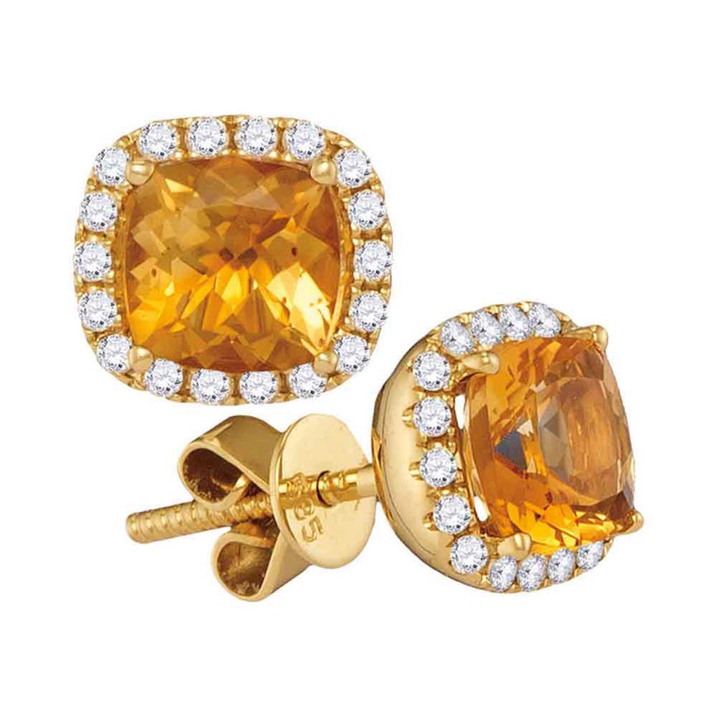 Image of ID 1 14k Yellow Gold Princess Natural Citrine Diamond Stud Earrings 1/4 Cttw