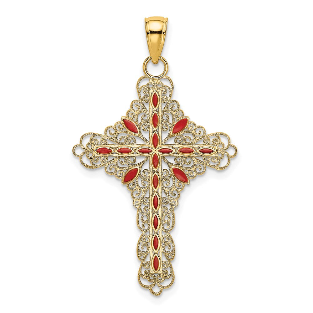 Image of ID 1 14k Yellow Gold Red Enamel Filigree Cross Charm