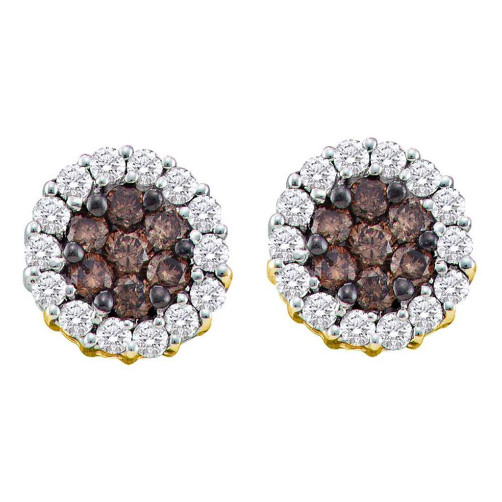 Image of ID 1 14k Yellow Gold Round Brown Diamond Flower Cluster Earrings 3/4 Cttw