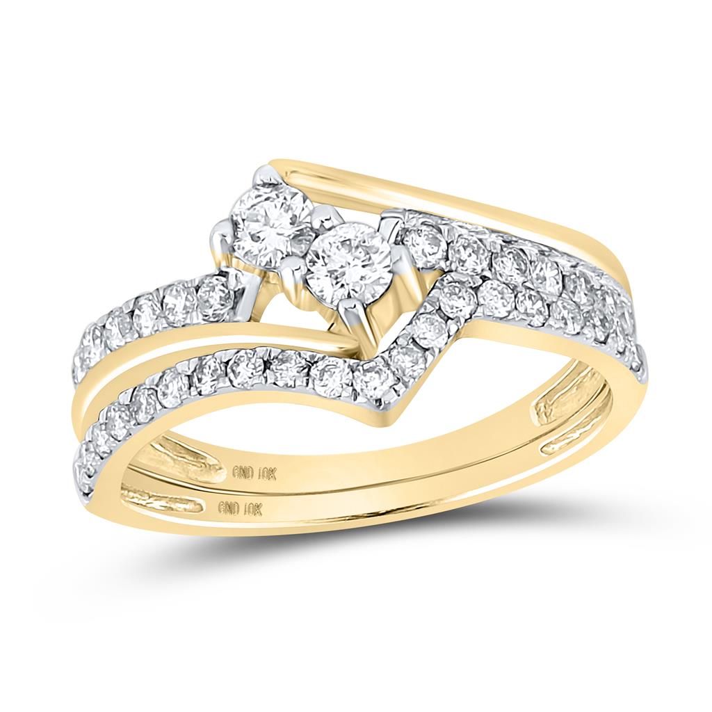 Image of ID 1 14k Yellow Gold Round Diamond 2-Stone Bridal Wedding Ring Set 3/4 Cttw (Certified)