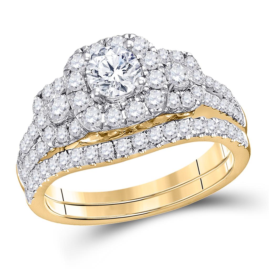 Image of ID 1 14k Yellow Gold Round Diamond 3-stone Bridal Engagement Ring 1-1/2 Cttw (Certified)