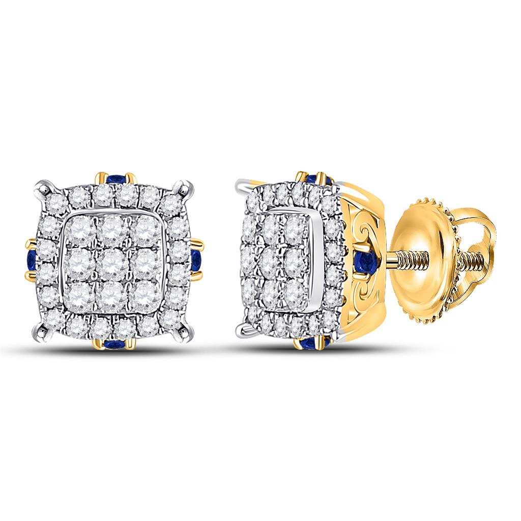 Image of ID 1 14k Yellow Gold Round Diamond Blue Sapphire Square Earrings 3/4 Cttw