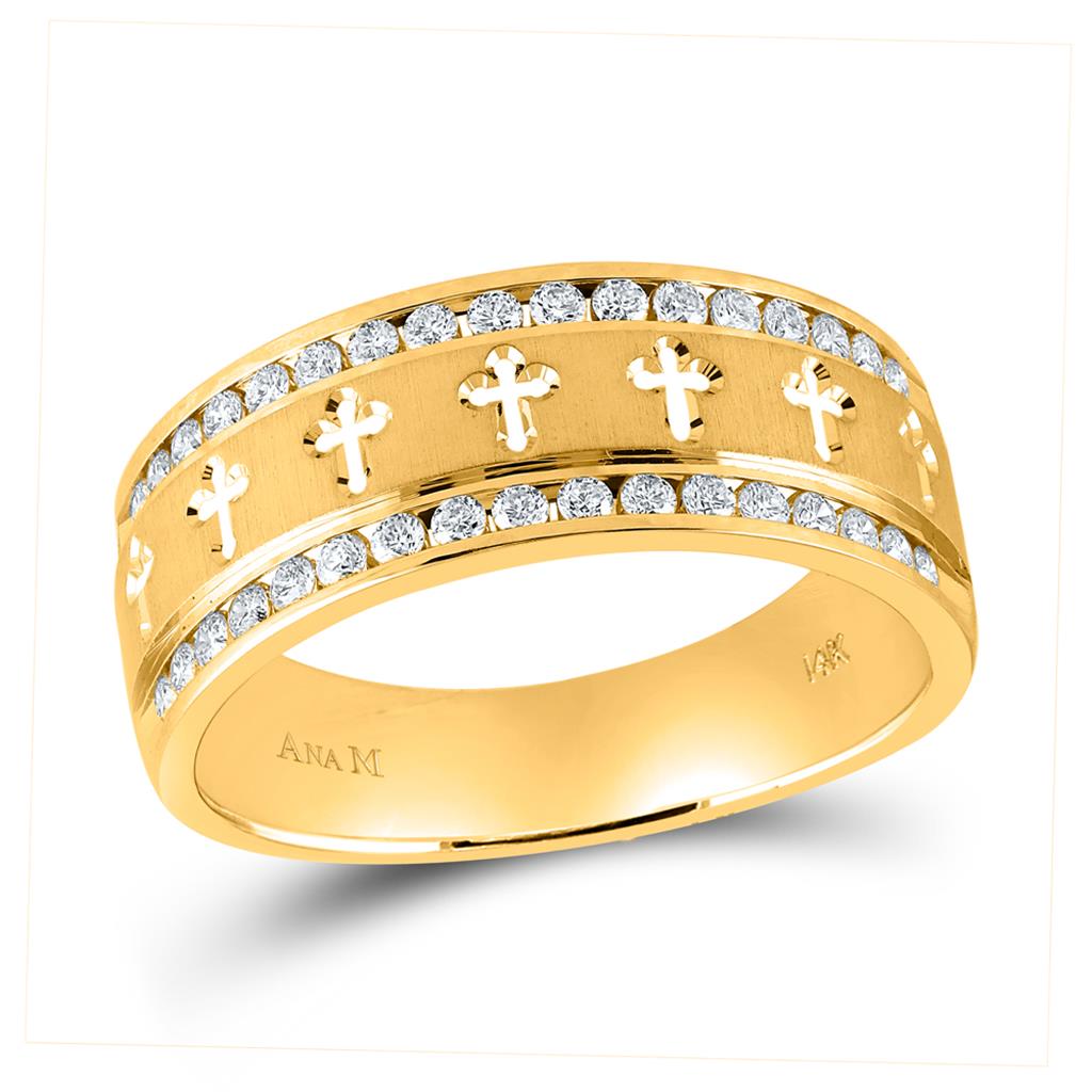 Image of ID 1 14k Yellow Gold Round Diamond Cross Wedding Band Ring 1/2 Cttw