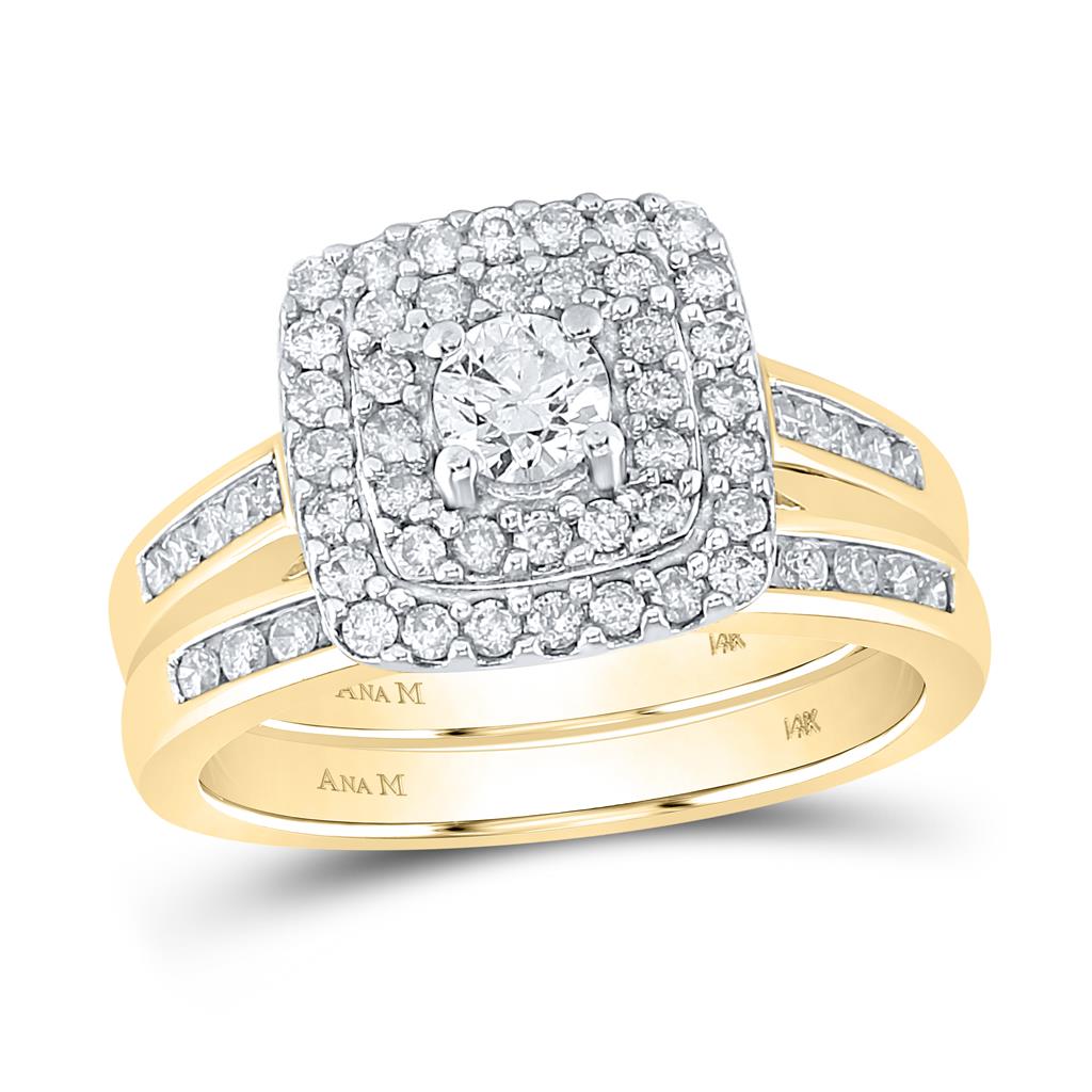Image of ID 1 14k Yellow Gold Round Diamond Double Halo Bridal Wedding Ring Set 1 Cttw (Certified)