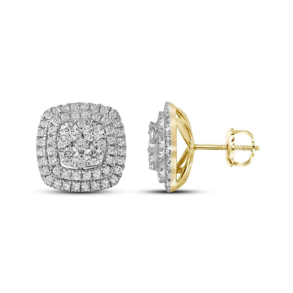Image of ID 1 14k Yellow Gold Round Diamond Double Square Frame Cluster Earrings 1-1/2 Cttw