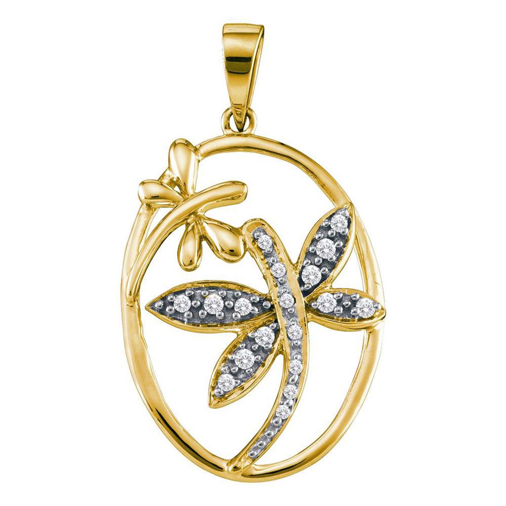 Image of ID 1 14k Yellow Gold Round Diamond Dragonfly Bug Oval Frame Pendant 1/8 Cttw