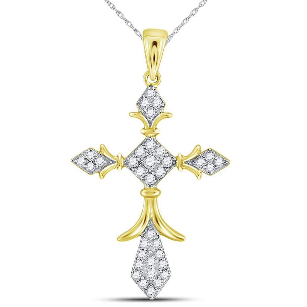 Image of ID 1 14k Yellow Gold Round Diamond Fleur Cross Pendant 1/4 Cttw