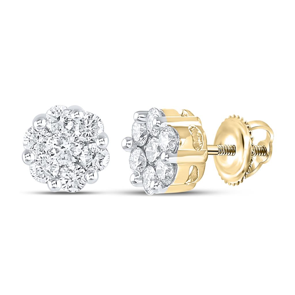 Image of ID 1 14k Yellow Gold Round Diamond Flower Cluster Stud Earrings 1 Cttw