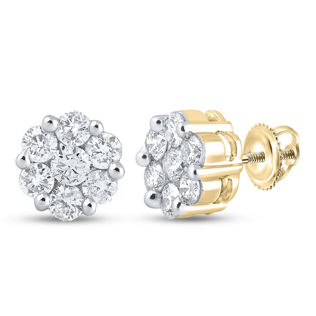 Image of ID 1 14k Yellow Gold Round Diamond Flower Cluster Stud Earrings 2 Cttw