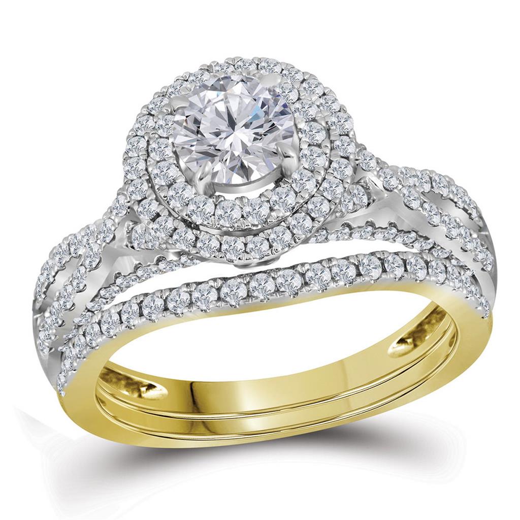 Image of ID 1 14k Yellow Gold Round Diamond Halo Bridal Wedding Ring Set 1-3/4 Cttw (Certified)