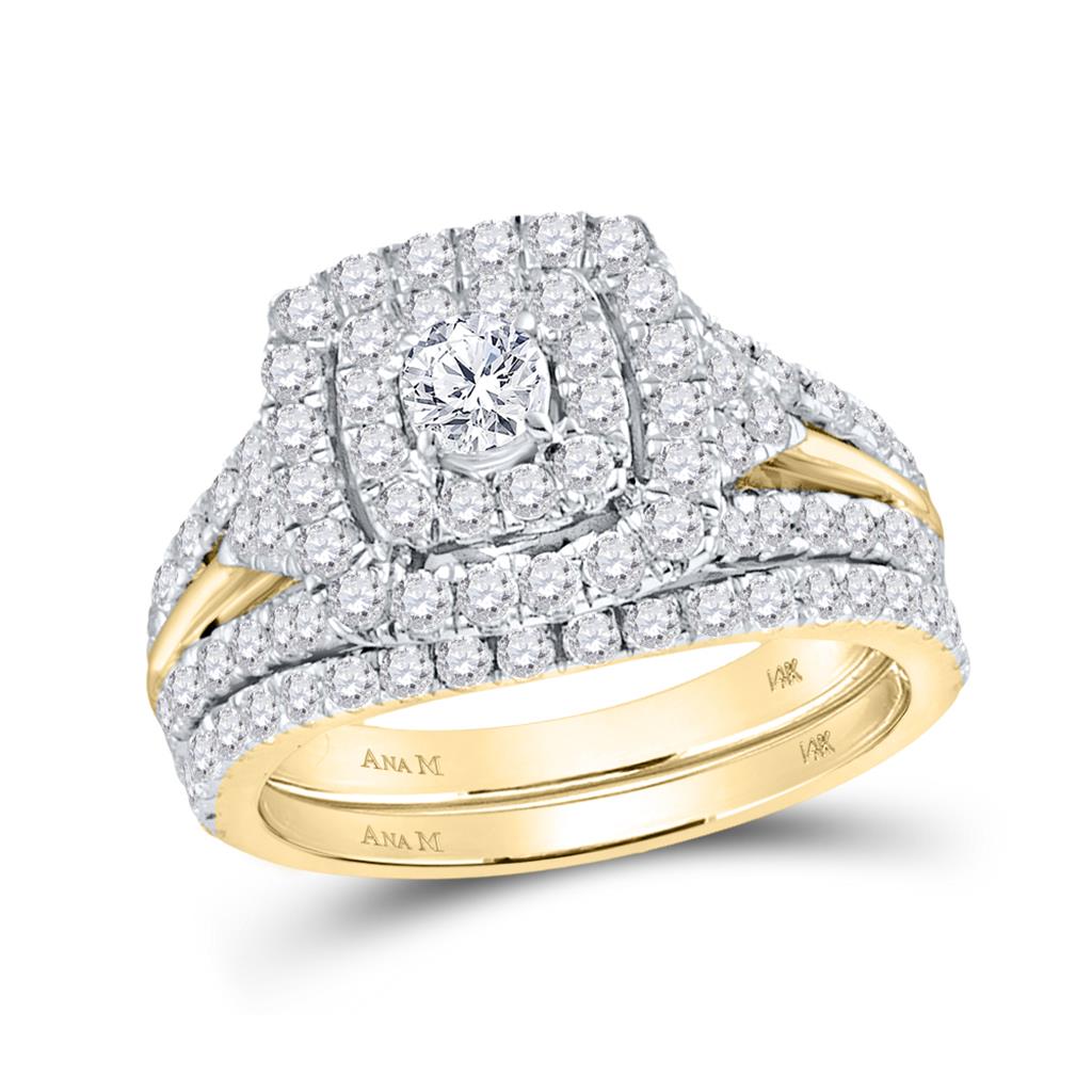 Image of ID 1 14k Yellow Gold Round Diamond Halo Bridal Wedding Ring Set 1-7/8 Cttw (Certified)