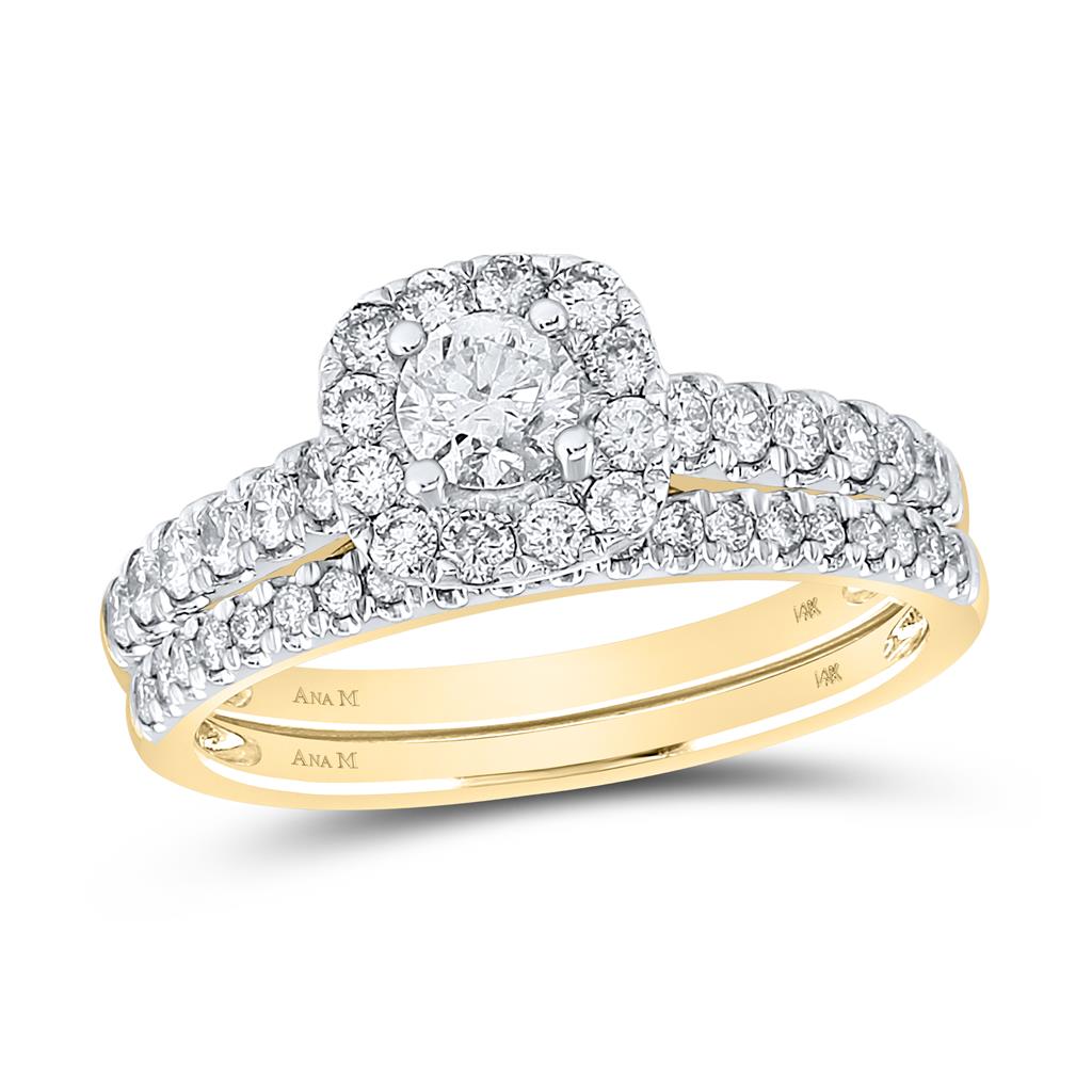 Image of ID 1 14k Yellow Gold Round Diamond Halo Bridal Wedding Ring Set 1 Cttw (Certified)