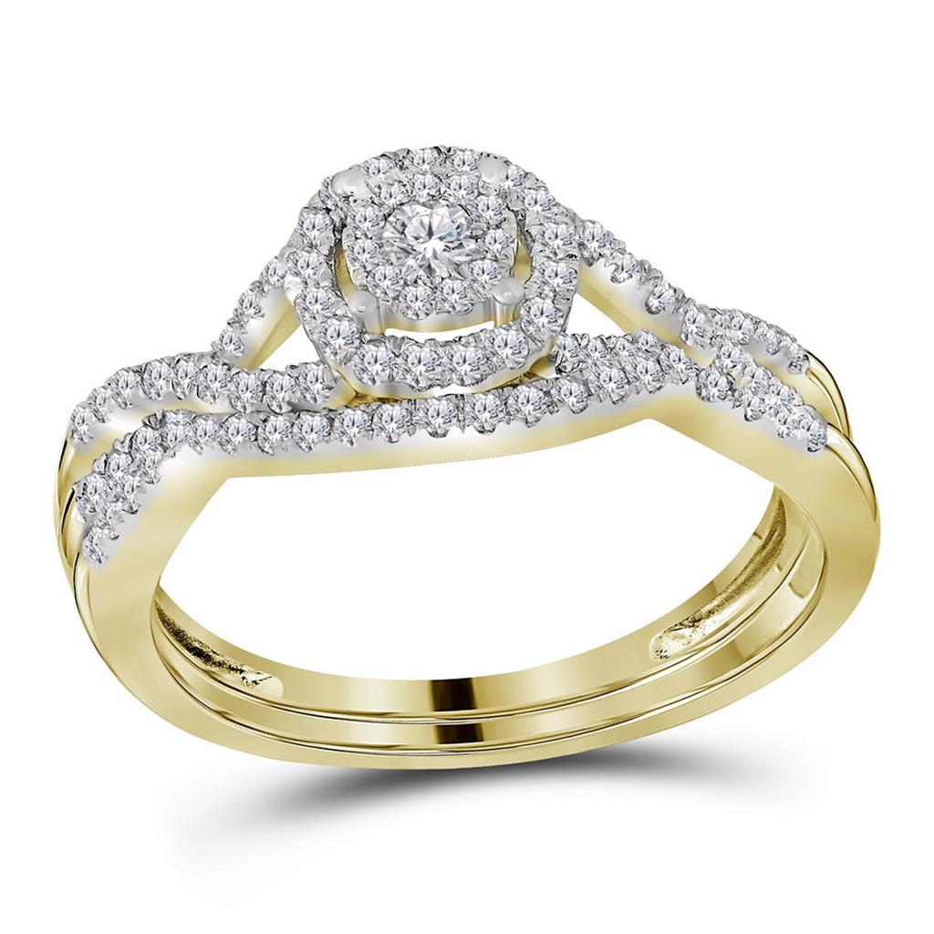 Image of ID 1 14k Yellow Gold Round Diamond Halo Bridal Wedding Ring Set 1/2 Cttw